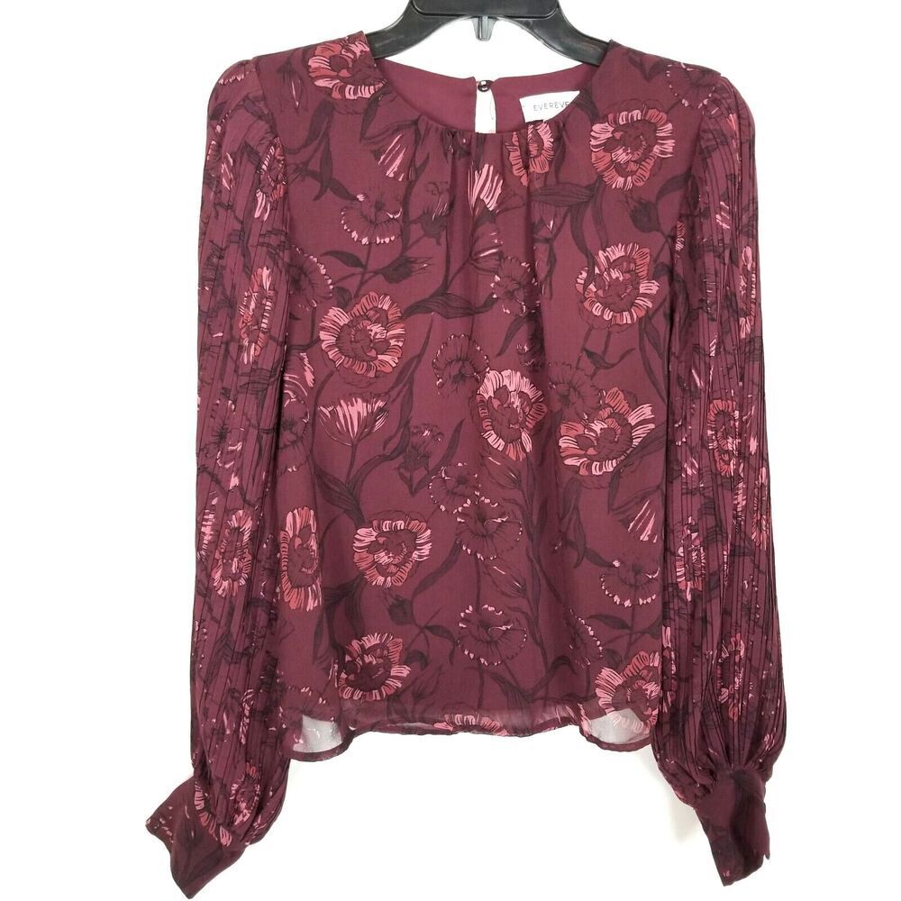 Evereve Women Cooper‎ Pleated Blouse Top Sz S Floral Chiffon Long Sleeve Party